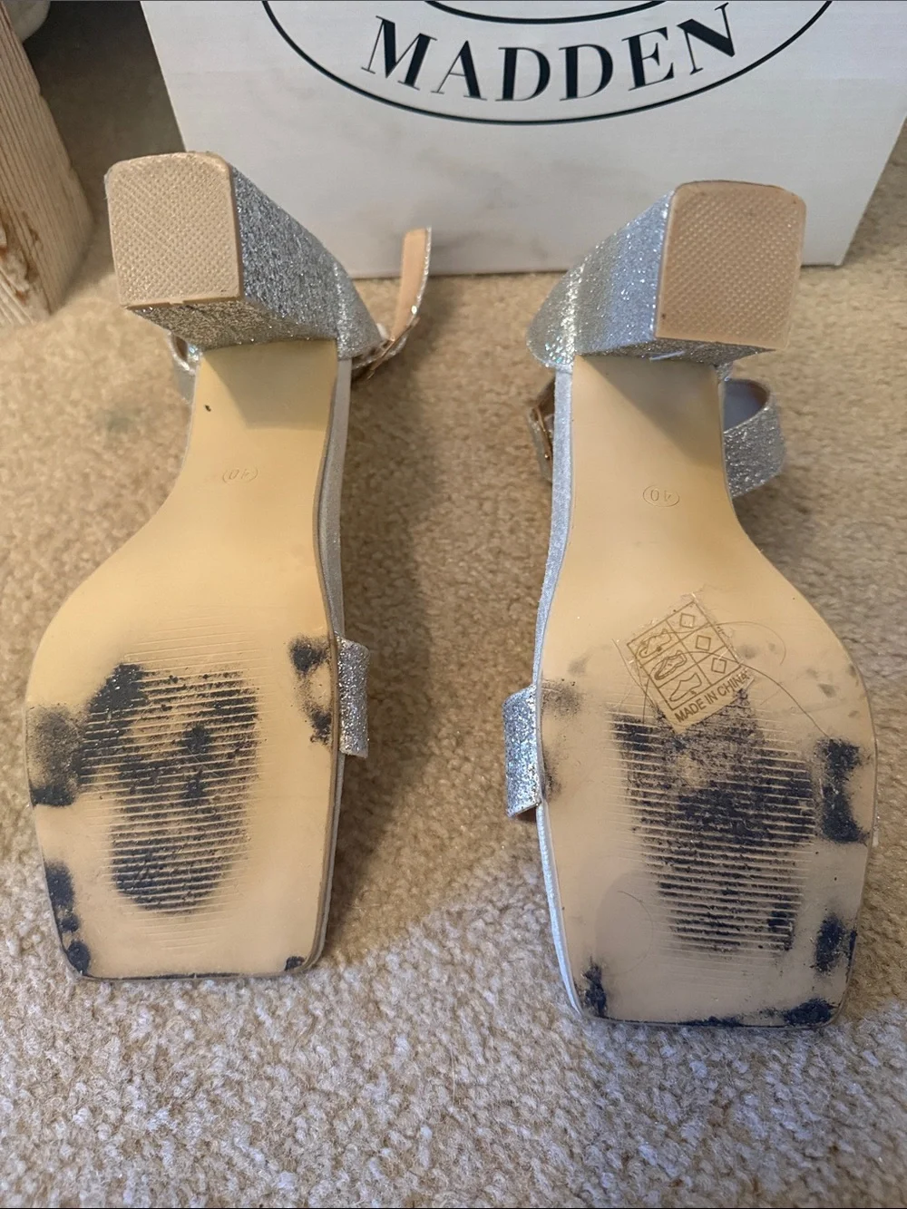 Steve Madden Silver Glitter Block Heel Sandals with Ankle Buckle